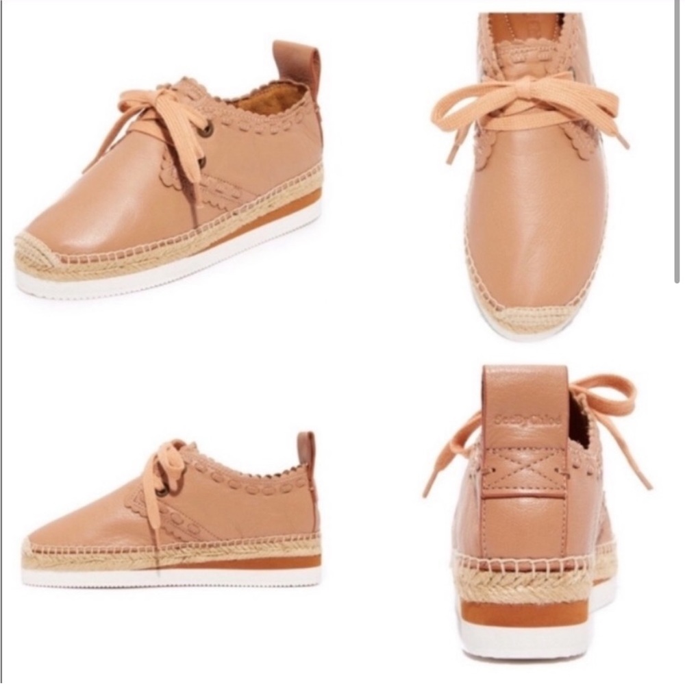 See by Chloe 6 Tan Glyn Leather Platform Scalloped Espadrille Lace Up Sneaker